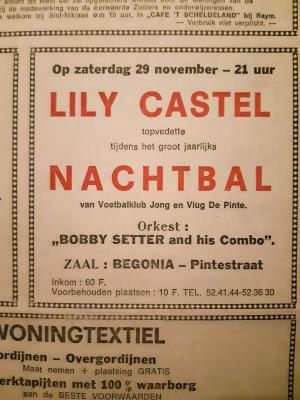 Zangeres Lily Castel op het nachtbal van de Voetbalklub Jong en Vlug De Pinte