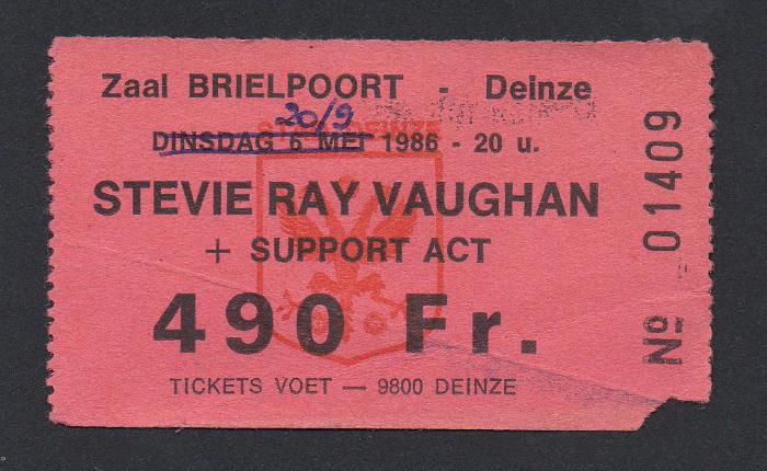 Concertticket voor het optreden van blueszanger Stevie Ray Vaughan in de Brielpoort