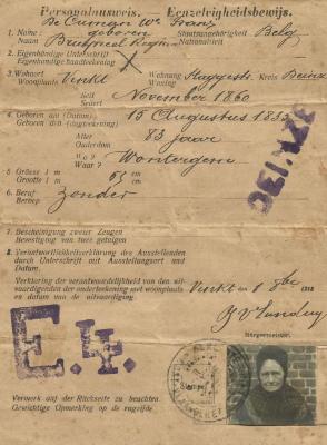 Identiteitsbewijs uitgereikt door de Duitse bezetter in W.O.I