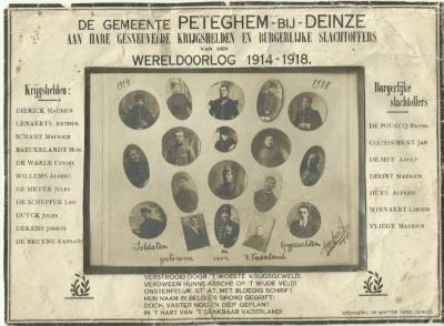 Herdenkingskaart voor de gesneuvelde soldaten en omgekomen opgeëisten van Petegem-aan-de-Leie